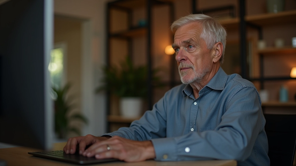 Man restarting his computer, pressing the restart button, concentrated expression