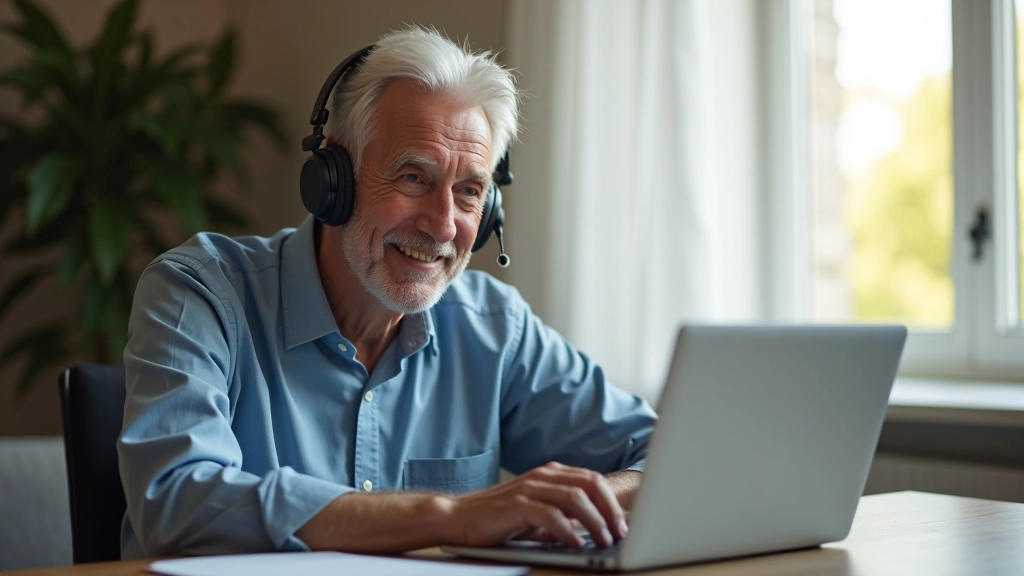Senior man wearing headphones at computer, adjusting audio settings during video call